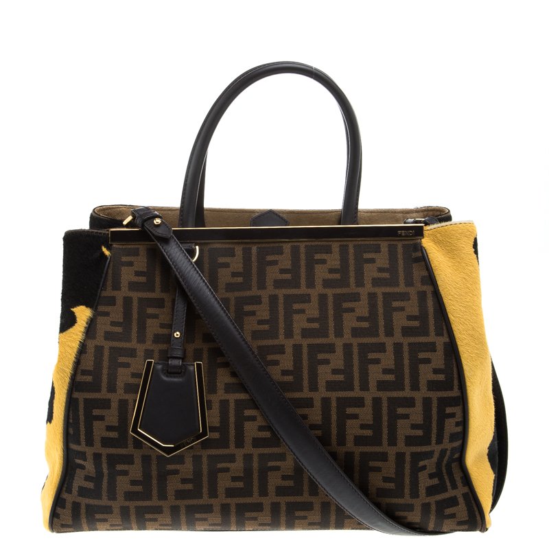 Pre Owned Fendi Tobacco Zucca Canvas and Calf Hair 2Jours Tote