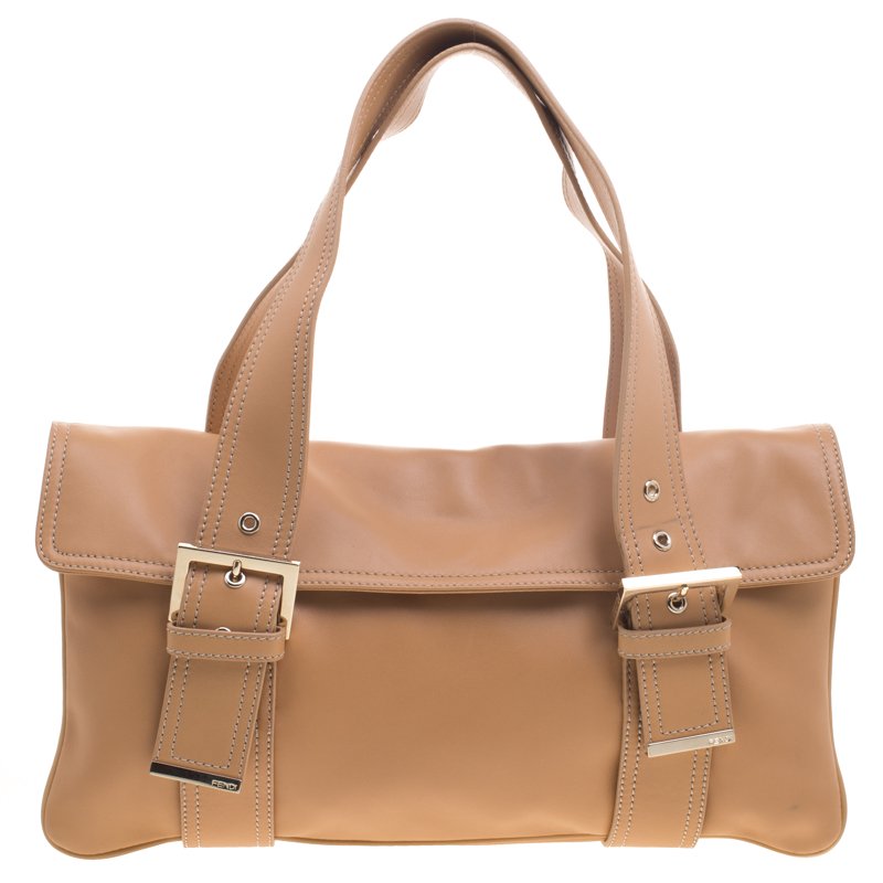 Pre Owned Fendi Tan Leather Flap Tote