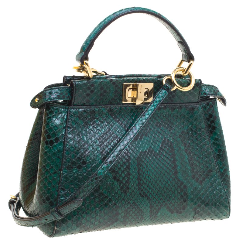 Fendi Green Python Mini Peekaboo Top Handle Bag