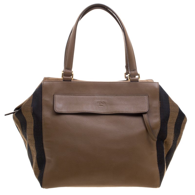 Fendi Brown Leanther/Canvas and Suede Pequin Boston Bag