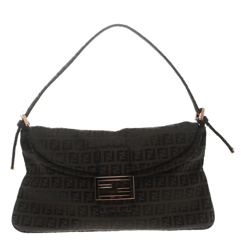 Pre Owned Fendi Dark Brown Zucchino Canvas Baguette Shoulder Bag