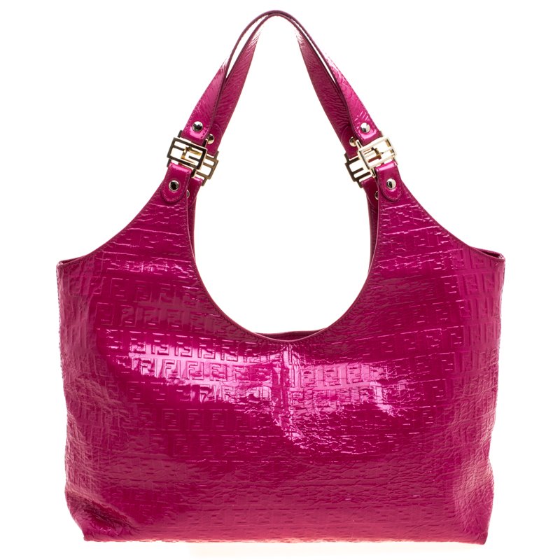 Pre Owned Fendi Pink Zucchino Printed Patent Leather Shoulder Bag
