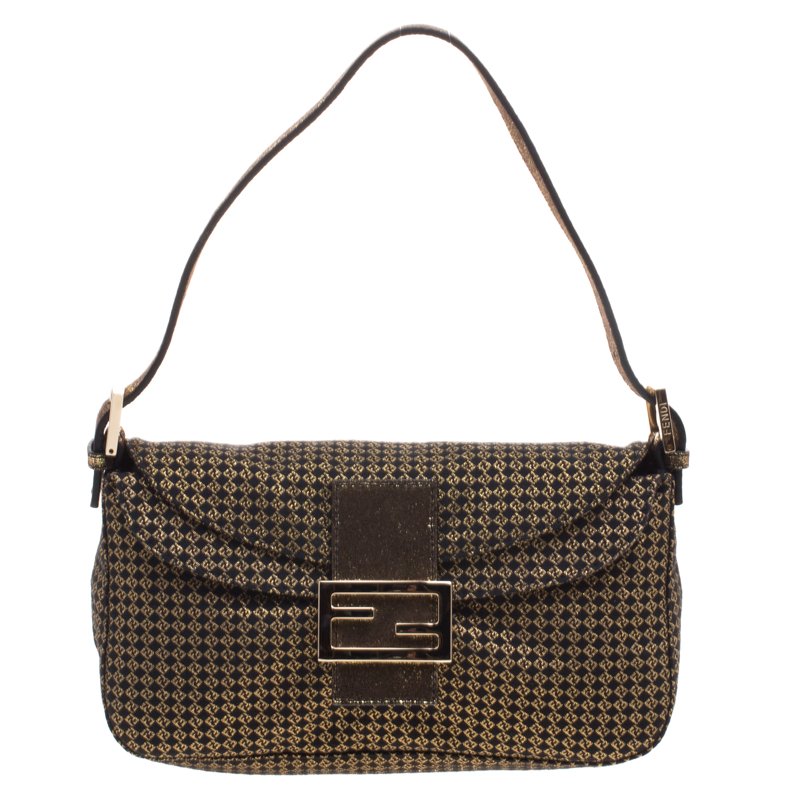 Pre Owned Fendi Gold Zucchino Canvas Baguette Shoulder Bag