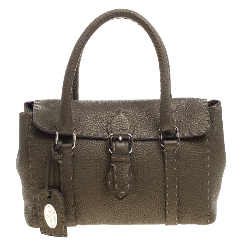 Pre Owned Fendi Fatigue Green Selleria Leather Mini Linda Satchel