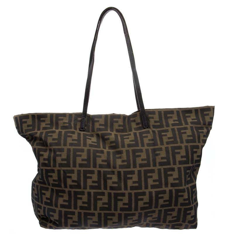 Pre Owned Fendi Tobacco Zucca Fabric Roll Shopper Tote
