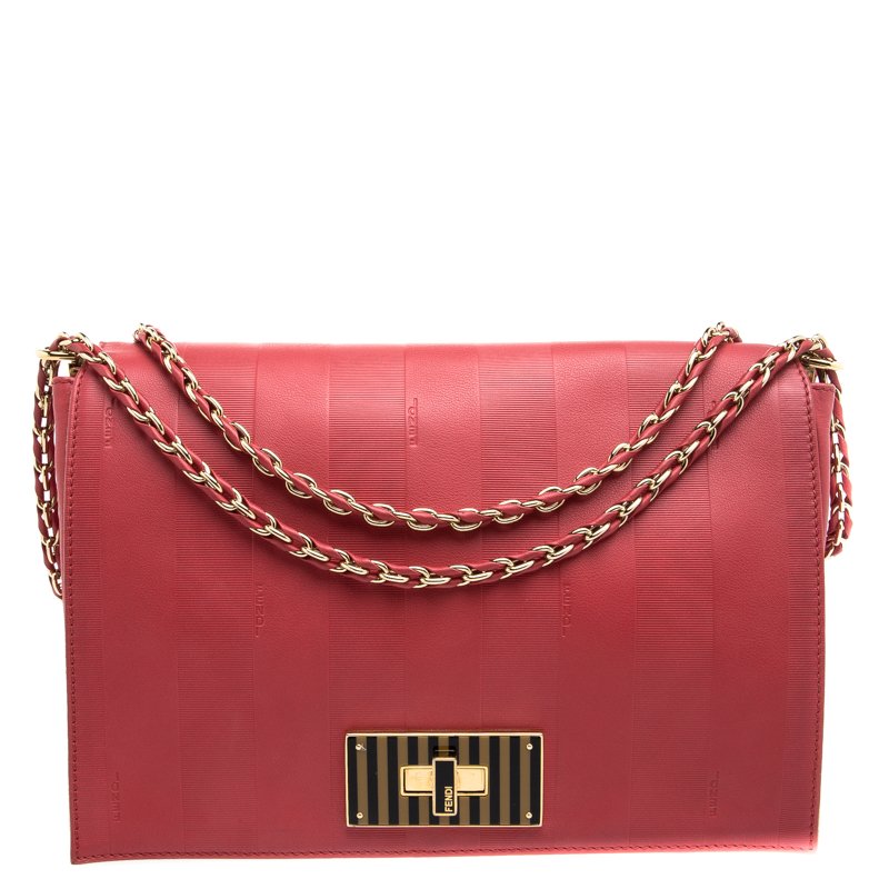Pre Owned Fendi Red Leather Pequin Square Shoulder Bag