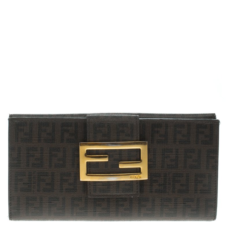 Pre Owned Fendi Brown Zucchino Coated Canvas Forever Continental Wallet