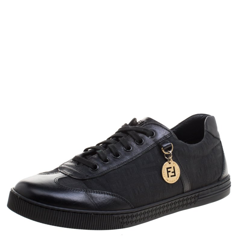 Pre Owned Fendi Black Zucca Canvas and Leather Low Top Sneakers Size 39