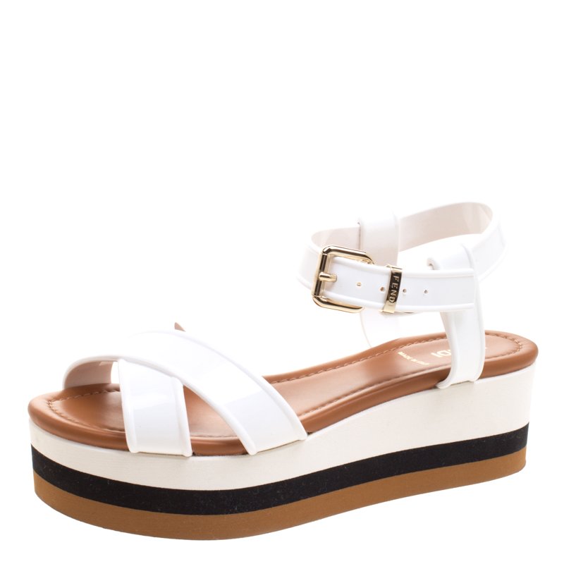 Fendi White PVC Hydra Crisscross Ankle Strap Platform Sandals Size 37