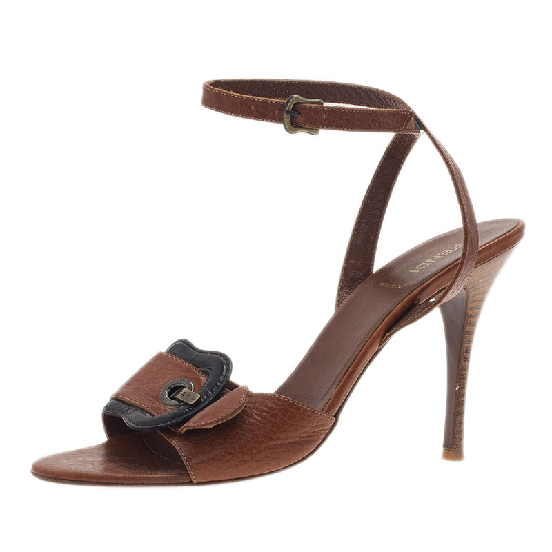 Pre Owned Fendi Brown Leather B Buckle Ankle Strap Sandals Size 38