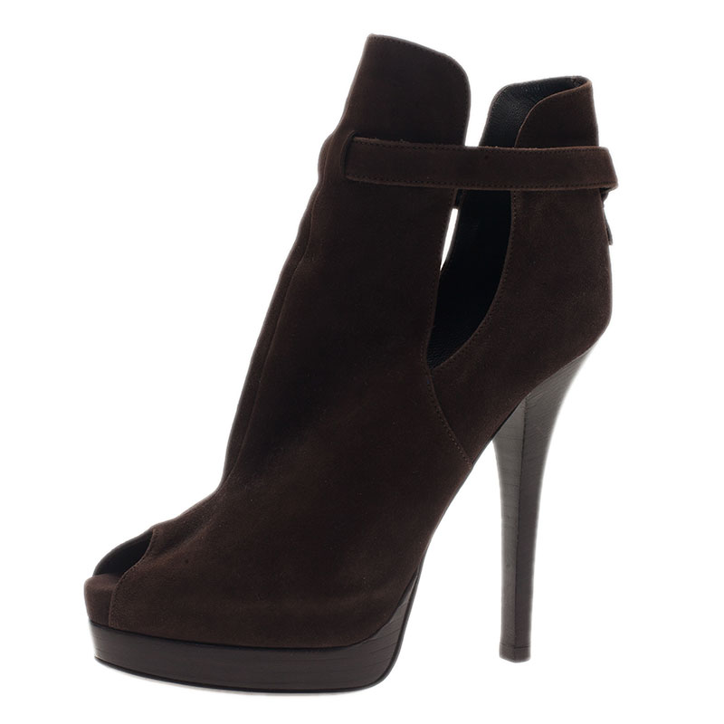 Pre Owned Fendi Brown Suede Peep Toe Platform Ankle Boots Size 38