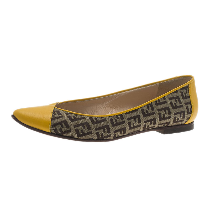 Pre Owned Fendi Brown and Yellow Zucchino Leather and Canvas Ballet Flats Size 36