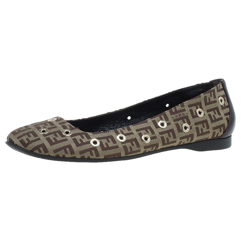 Pre Owned Fendi Brown Zucchino Canvas Grommet Detail Ballet Flats Size 38