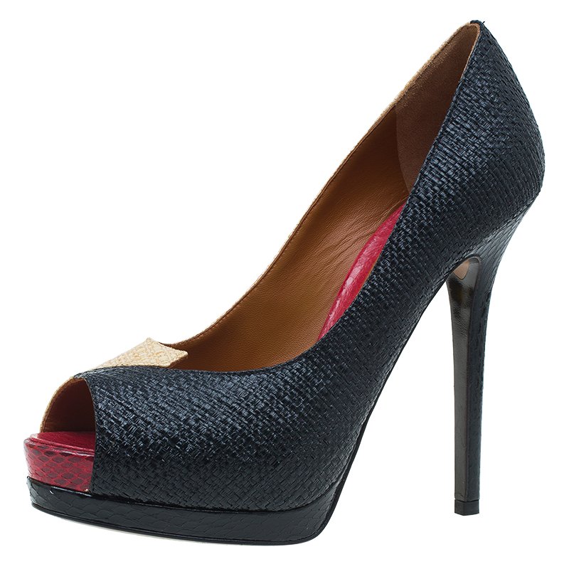 Pre Owned Fendi Tri Color Raffia and Snakeskin Embossed Fendista Peep Toe Platform Pumps Size 39