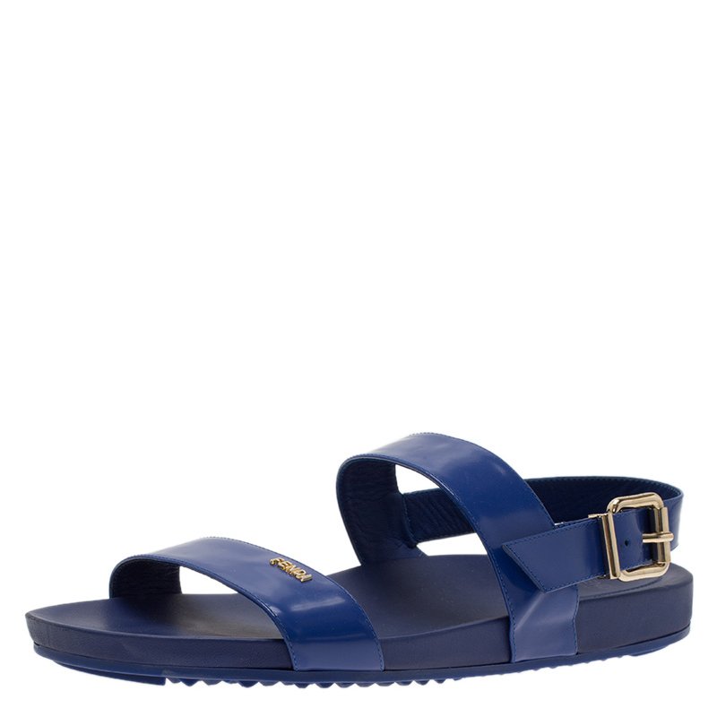 Pre Owned Fendi Blue Patent Double Banded Flat Sandals Size 40