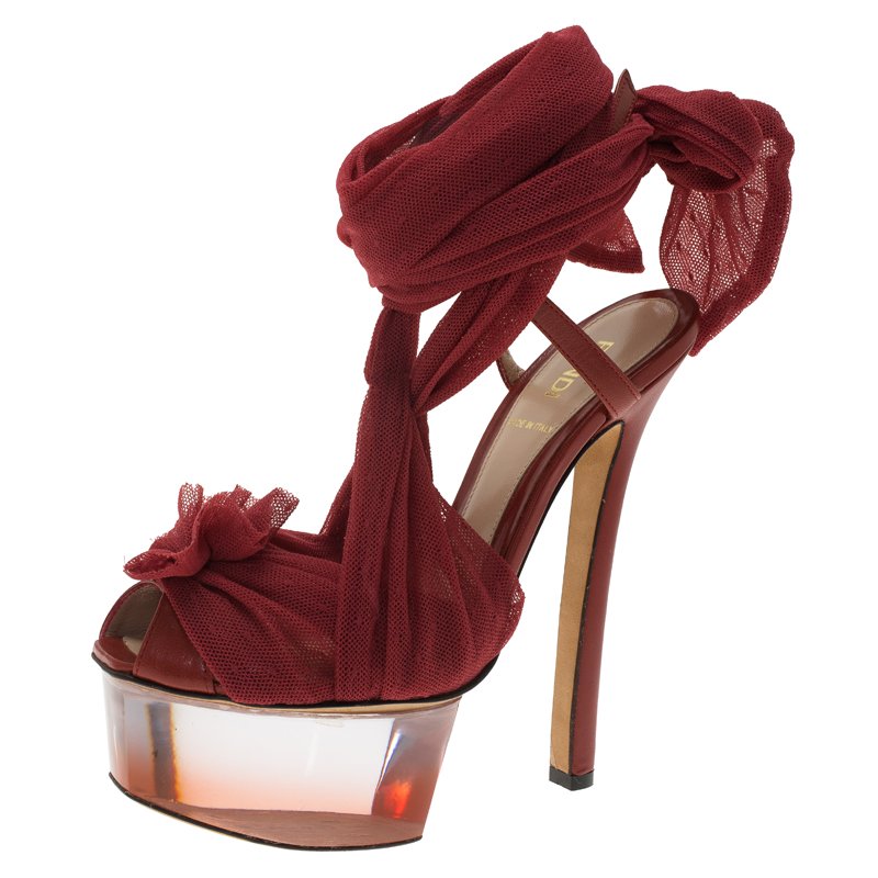 Fendi Red Chiffon and Leather Ankle Strap Platform Sandals Size 37.5