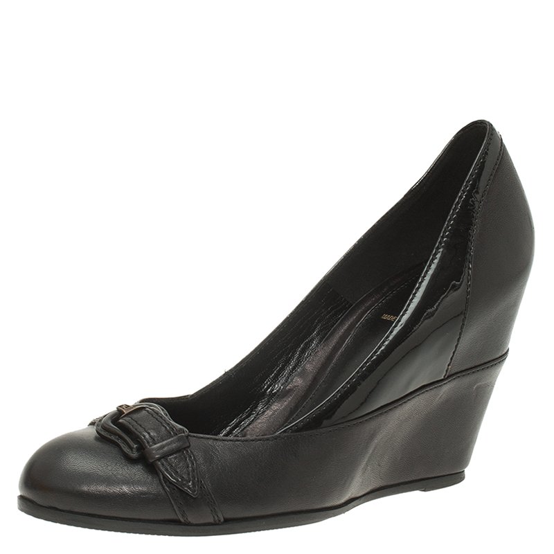 Pre Owned Fendi Black Leather and Patent Buckle Detail Wedge Pumps Size 39.5