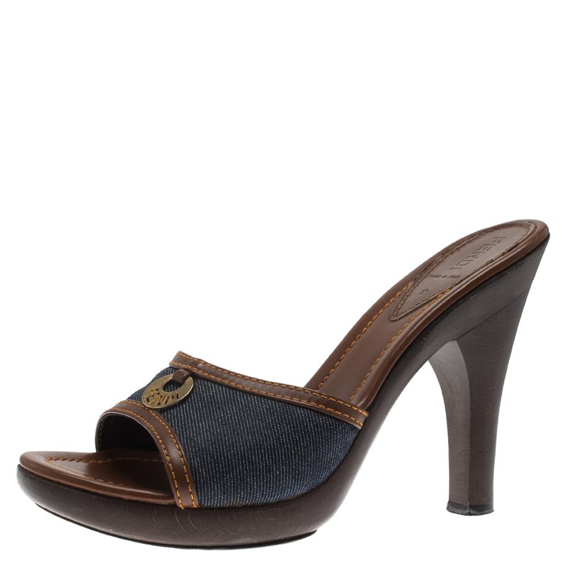 Fendi Blue Denim and Leather Slides Size 41