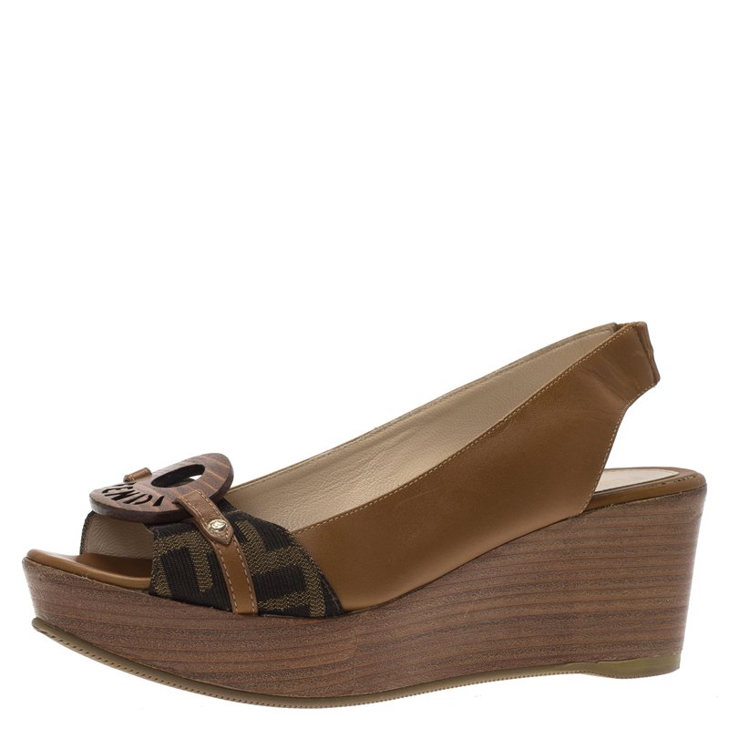 Pre Owned Fendi Tobacco Zucca Canvas and Leather Platform Slingback Wedge Sandals Size 36