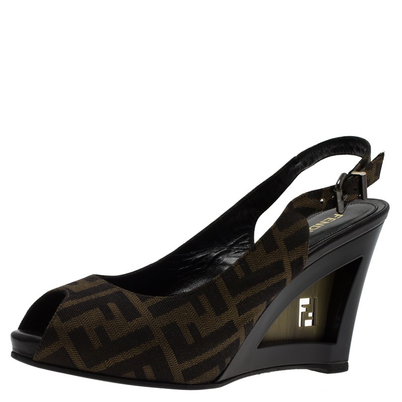 Pre Owned Fendi Brown Zucca Canvas Slingback Wedge Sandals Size 39