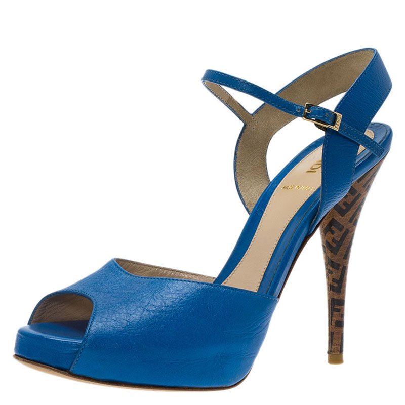 Pre Owned Fendi Blue Leather Zucchino Heel Sandals Size 38