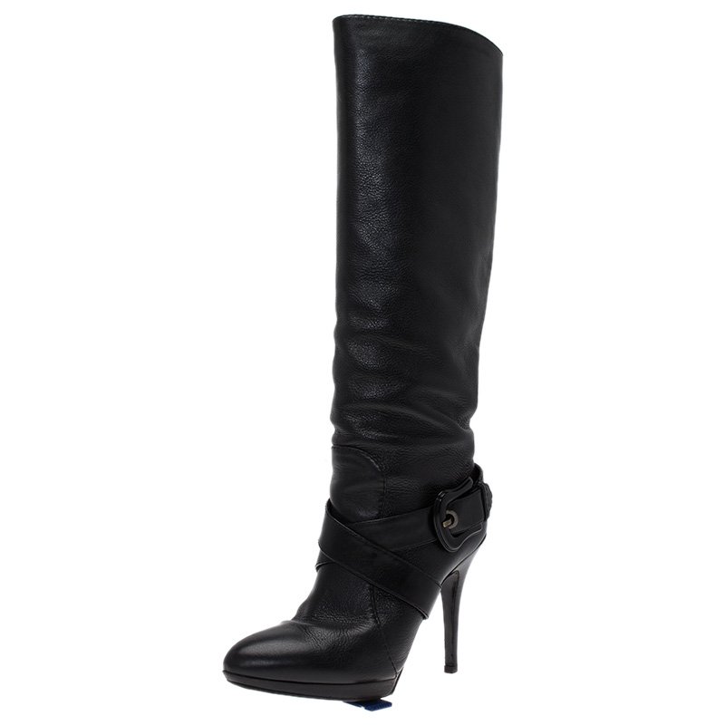 Pre Owned Fendi Black Leather B Buckle Knee Length Boots Size 39.5