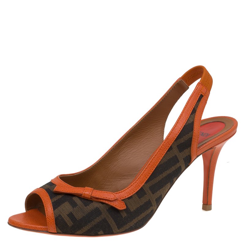 Pre Owned Fendi Brown Zucca Canvas and Orange Leather Bow Slingback Sandals Size 39