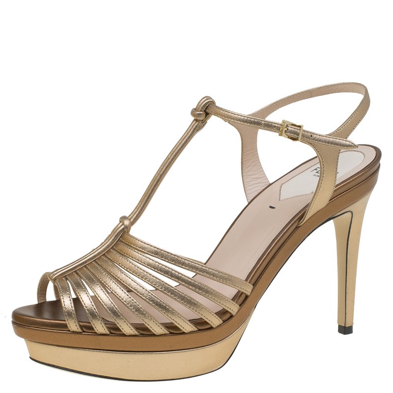 Fendi Bronze Leather T Bar Platform Sandals Size 39