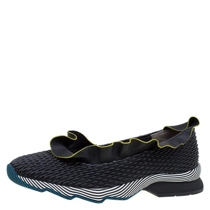 Pre Owned Fendi Black Nappa Leather Frill Trim Sneakers Size 41