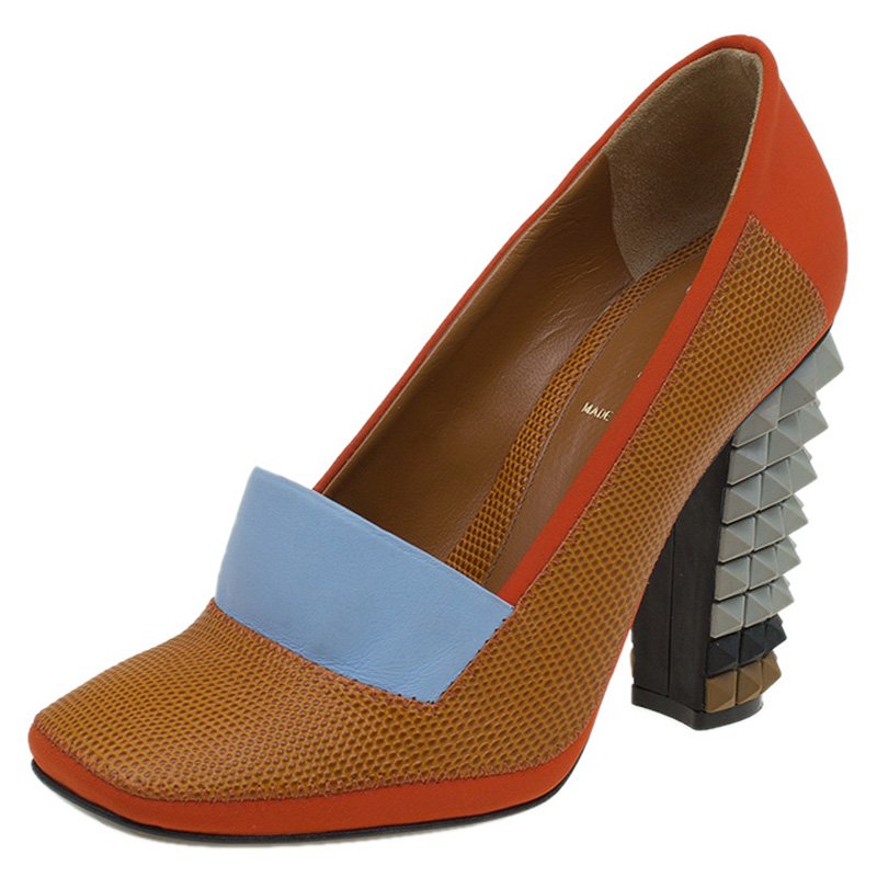 Pre Owned Fendi Multicolor Leather and Fabric Polifonia Court Studded Heel Pumps Size 37