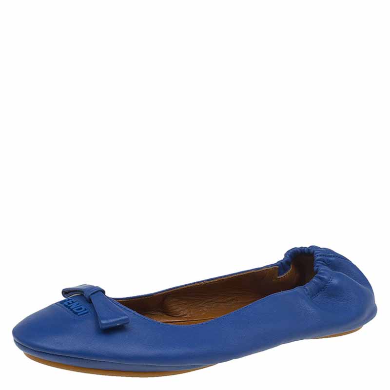Pre Owned Fendi Blue Leather Let's Dance Bow Ballet Flats Size 38