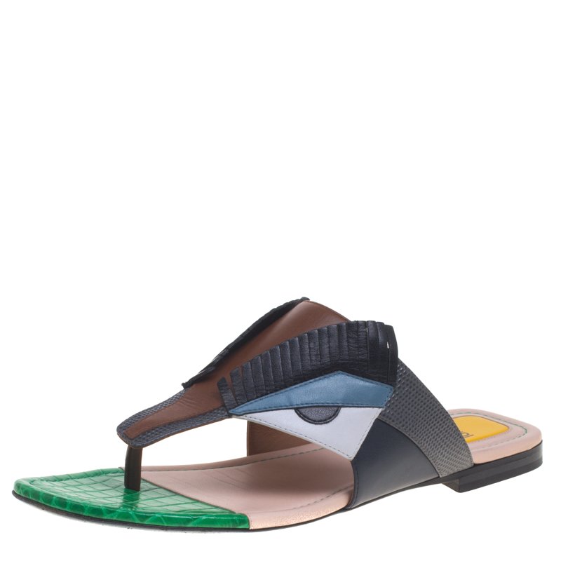 Pre Owned Fendi Multicolor Leather Bug Monster Thong Sandals Size 38.5