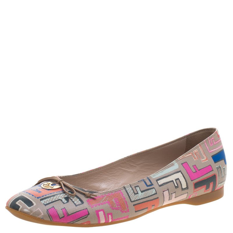 Pre Owned Fendi Beige Multicolor Zucca Spalmati Ballet Flats Size 41