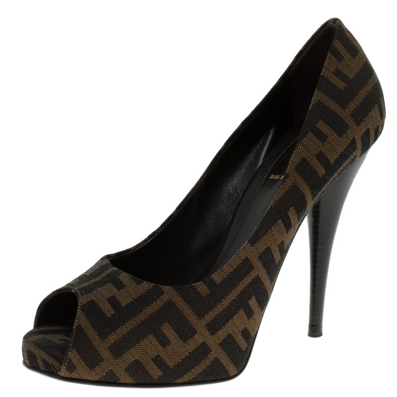Pre Owned Fendi Tobacco Zucca Canvas Peep Toe Pumps Size 39