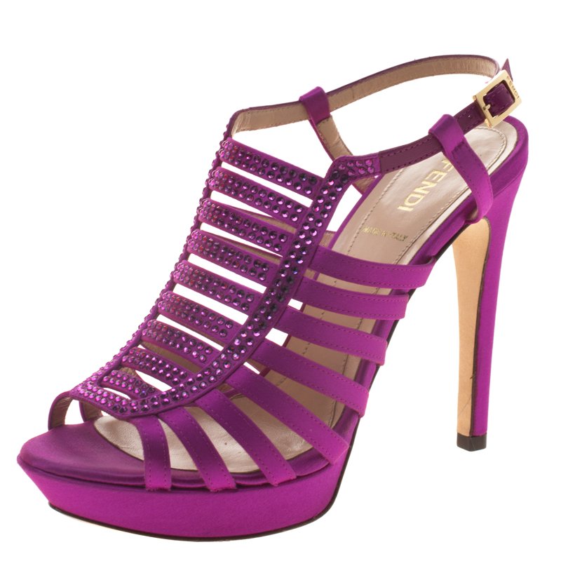 Fendi Magenta Crystal Embellished Satin Gladiator Platform Sandals Size 37