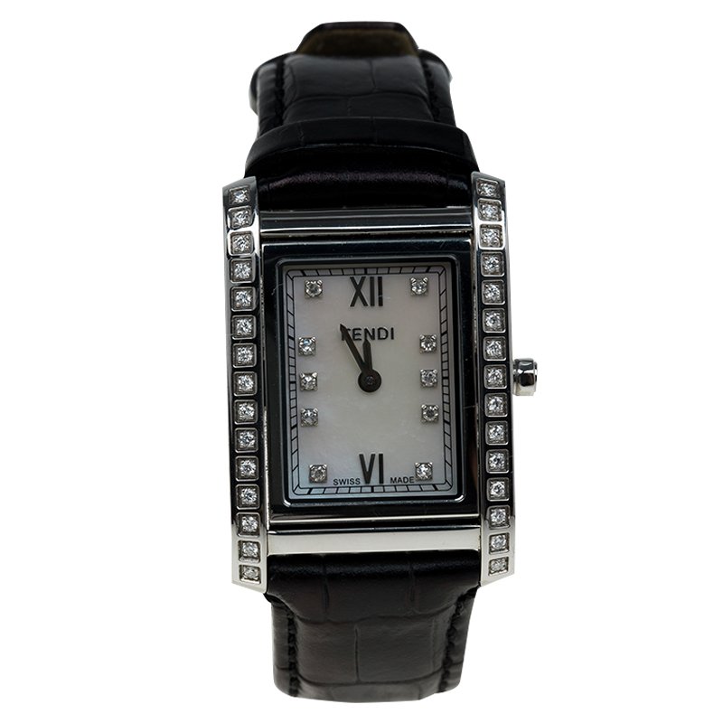 Pre Owned Fendi Mother of Pearl Stainless Steel Diamond Loop Women's Wristwatch 27MM