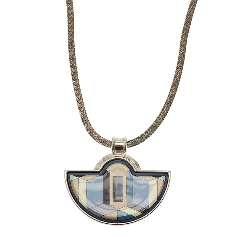 Frey Wille Half Moon Geometric Blue and Gold Enamel Silver Mesh Chain Pendant Necklace