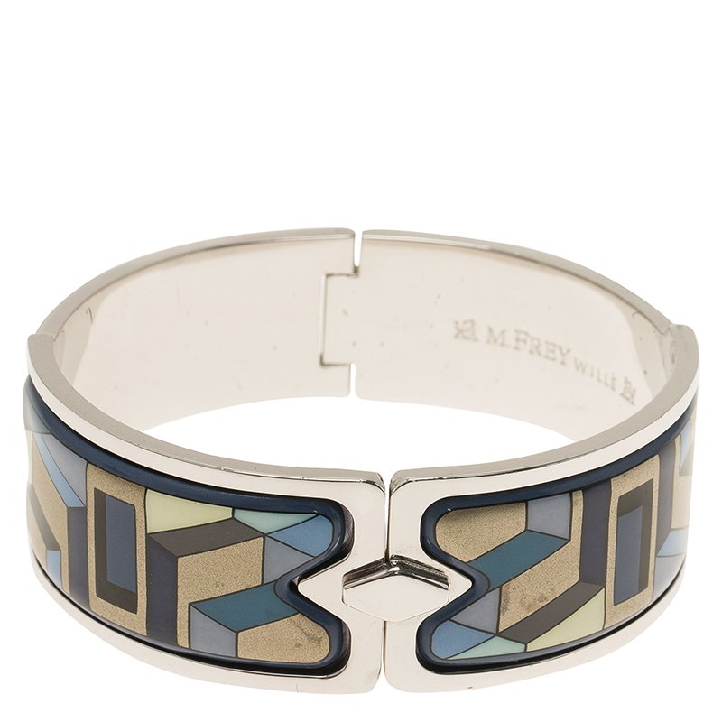 Pre Owned Frey Wille Geometric Blue and Gold Enamel Palladium Plated Royal Clasp Bracelet