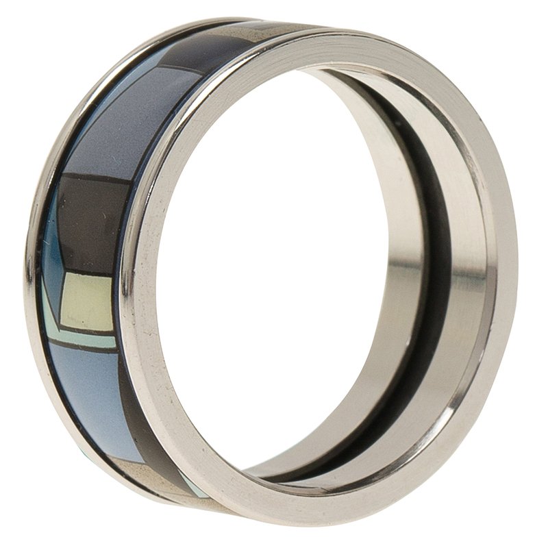 Pre Owned Frey Wille Geometric Blue and Gold Enamel Palladium Plated Ring