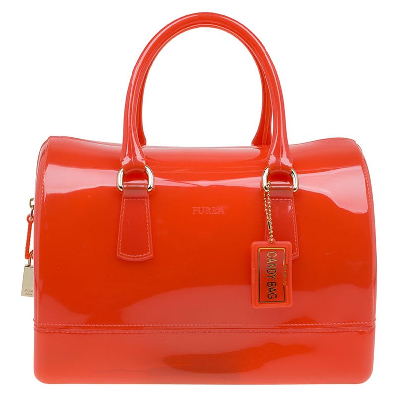 Pre Owned Furla Red Orange Glossy Rubber Candy Satchel