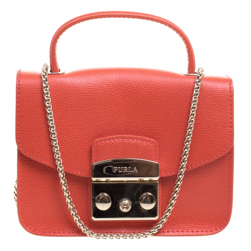 Pre Owned Furla Orange Leather Mini Metropolis Top Handle Bag