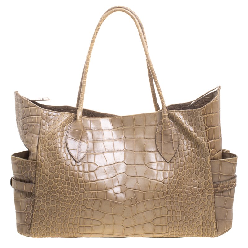 Pre Owned Furla Beige Croc Embossed Leather Tote