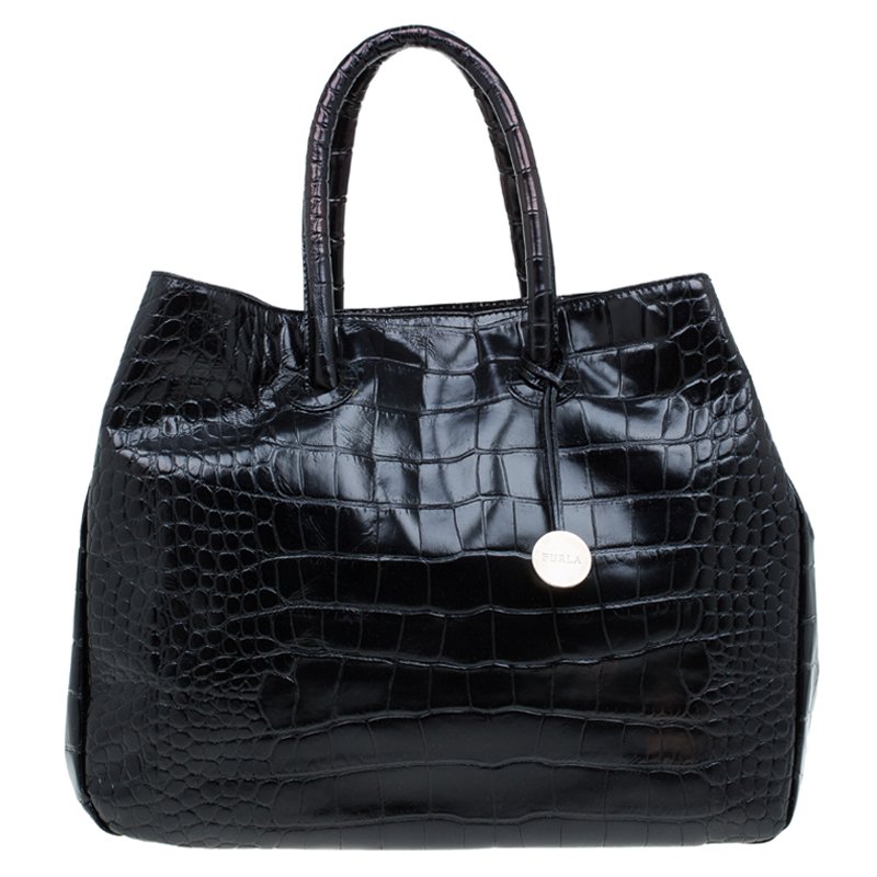 Pre Owned Furla Black Croc Embossed Leather Double Handle Tote
