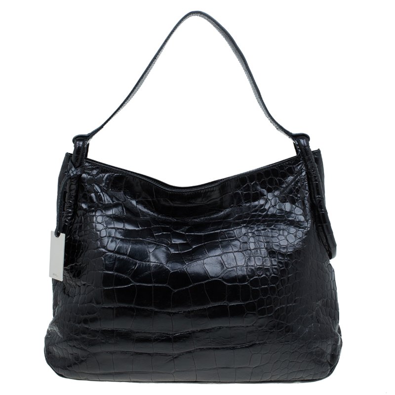 Pre Owned Furla Black Croc Embossed Leather Zarina Hobo