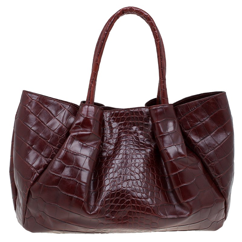 Pre Owned Furla Brown Croc Embossed Leather Pompidou Tote