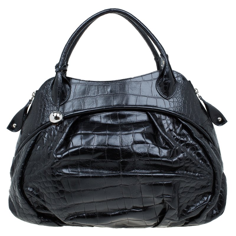 Pre Owned Furla Black Croc Embossed Leather Clara Satchel