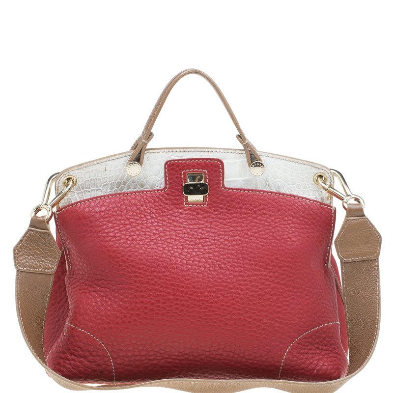 Pre Owned Furla Multicolor Pebbled and Croc Embossed Leather Small Piper Cartella Top Handle Bag