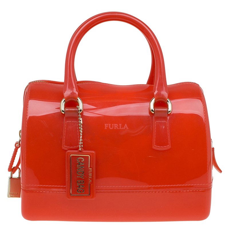 مملوكة مسبقًا Furla Red Orange Glossy Rubber Mini Candy Satchel