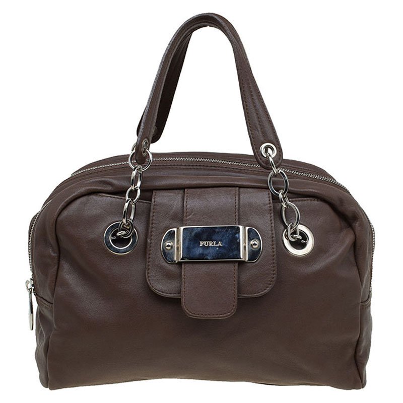 Furla Brown Leather Double Zip Bowling Bag Furla