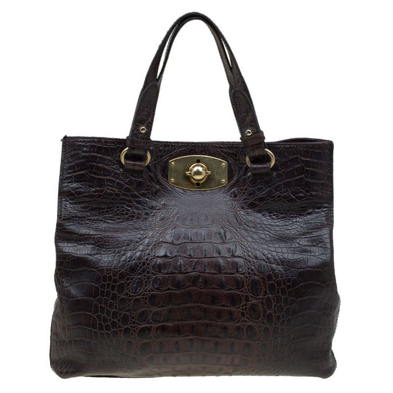 Pre Owned Furla Dark Brown Croc Embossed Leather New Appaloosa Tote
